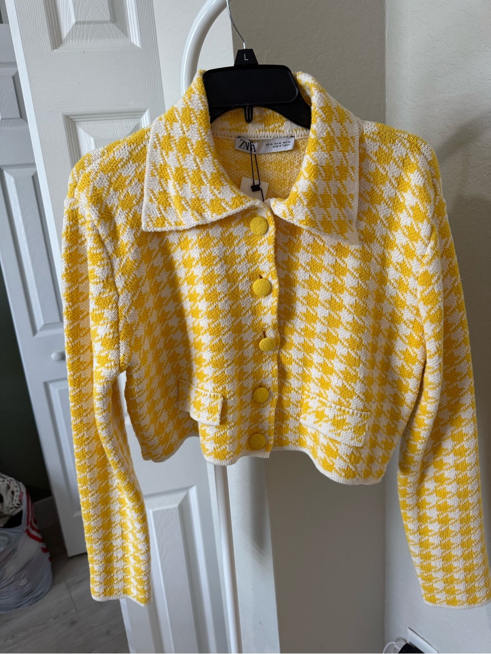 Zara Yellow Houndstooth Cropped Jacket and skirt set
